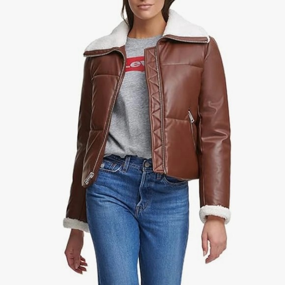 NEW Levi's Sherpa-Trimmed Faux-Leather Puffer Coat in Brown Size Large - Picture 2 of 7